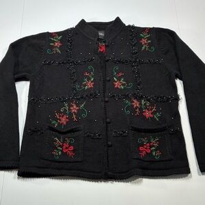 Vintage Christmas Cardigan Black Red Embroidery Erika Size Medium